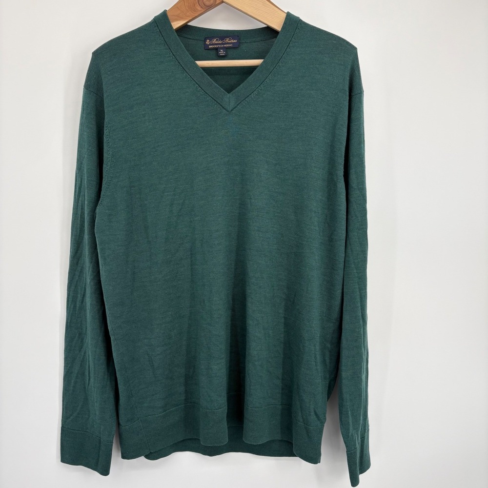 Brooks Brothers Men V Neck Brookstech Merino Wool Sweater Green XL Preppy Luxury